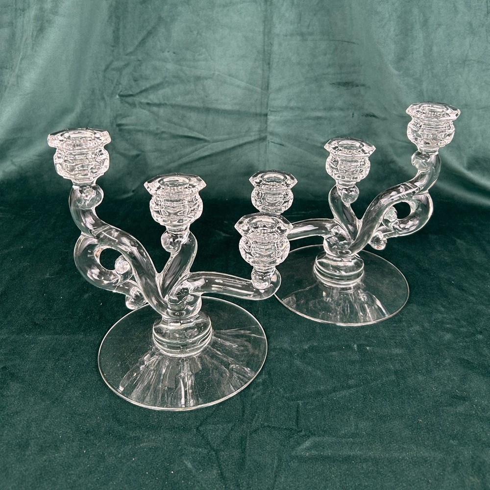 Pair of Vintage Heisey Leaded Crystal Glass Orchid 3 Arm Candelabra